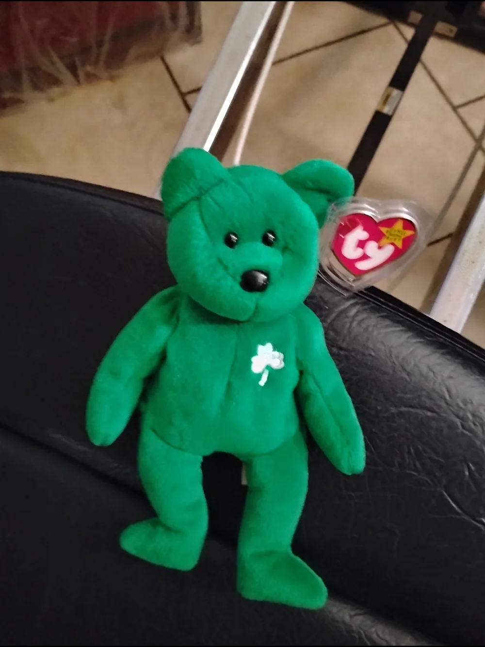 #3 Ty Green Soccer Bear Beanie Baby with Heart Tags 1 Clover Beanie Babie,